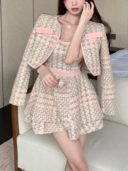  Roz Dulce Două Bucata Set Pentru Femei Stil Coreean Mozaic Petrecerea Mini-Fusta Costum De Sex Feminin Maneca Lunga Arc Designer Fusta Set De Toamnă Nou