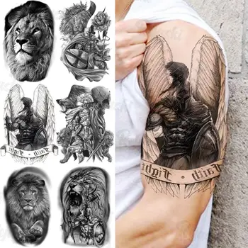  Războinic Negru Aripă De Înger Scrisoare De Tatuaje Temporare Pentru Barbati Femei Realist Leu Flori Impermeabil Tatuaj Fals Autocolant Brațul Tatuaje