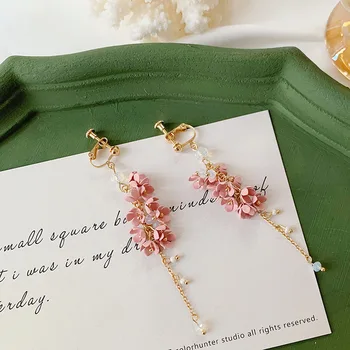  Stil japonez Zână Roz Floare Albă Tassel Cercei Clip Nu punand cap la Cap Timp de Cristal Florale Elegante Mireasa Cercei pentru Mireasa