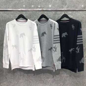  TB THOM Mens T-Shirt Sport Casual, din Bumbac Usor Tee Classic Animale imprimate Design de Brand de Moda cu Maneci Lungi pentru Bărbați T-shirt