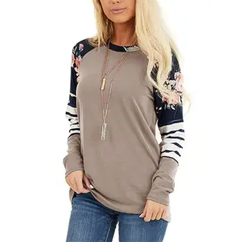  Toamna femei t-shirt benzi despicare printt-tricou vrac casual cu maneci lungi femei tricouri tricouri femei topuri