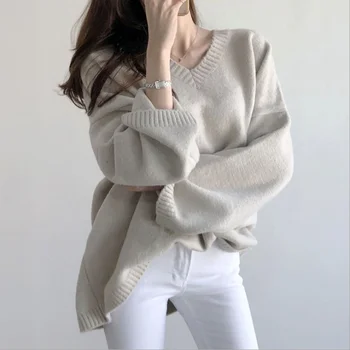  V-neck Pulover Vrac Culoare Solidă Pulover tricotat pentru Femei 2022 Toamna și Iarna Versiunea coreeană Noi Toate-meci Strada Haina Casual