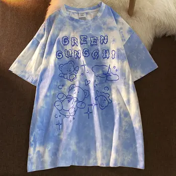  Vara femei pe scurt cu mâneci epocă Femeie t-shirt harajuku Streetwear Y2k Top tie-dye supradimensionate Tricouri scrisoare de imprimare haine