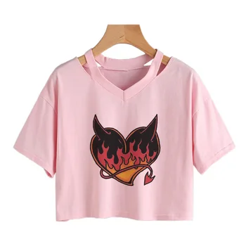  Vara Topuri de Cultură V-Neck Punk Gotice Îmbrăcăminte Tee Harajuku Sexy cu maneci Scurte T-Shirt Streetwear Scurt Crop Top pentru Femei Estetica