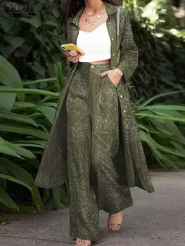  ZANZEA Elegant Costum de Primăvară, Boem Florale Imprimare Rever Full Sleeve Cardigan cu Fermoar Largi Picior Pantaloni de Lucru Liber Vintage Set