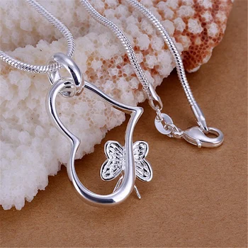  ștampilat , fluture de culoare argintie pentru femei colier bijuterii de argint bijuterii moda drăguț pandantiv Inima șarpe colier P090